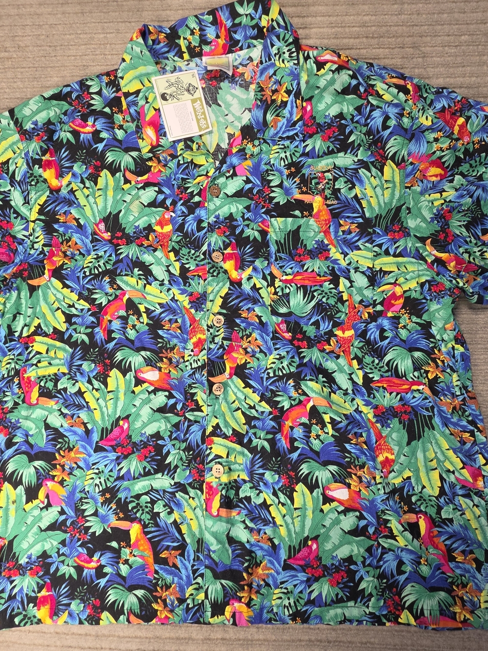 Parrot Head Toucan Dance parrot & toucan Hawaiian shirt Mens Sz XL Birds Floral